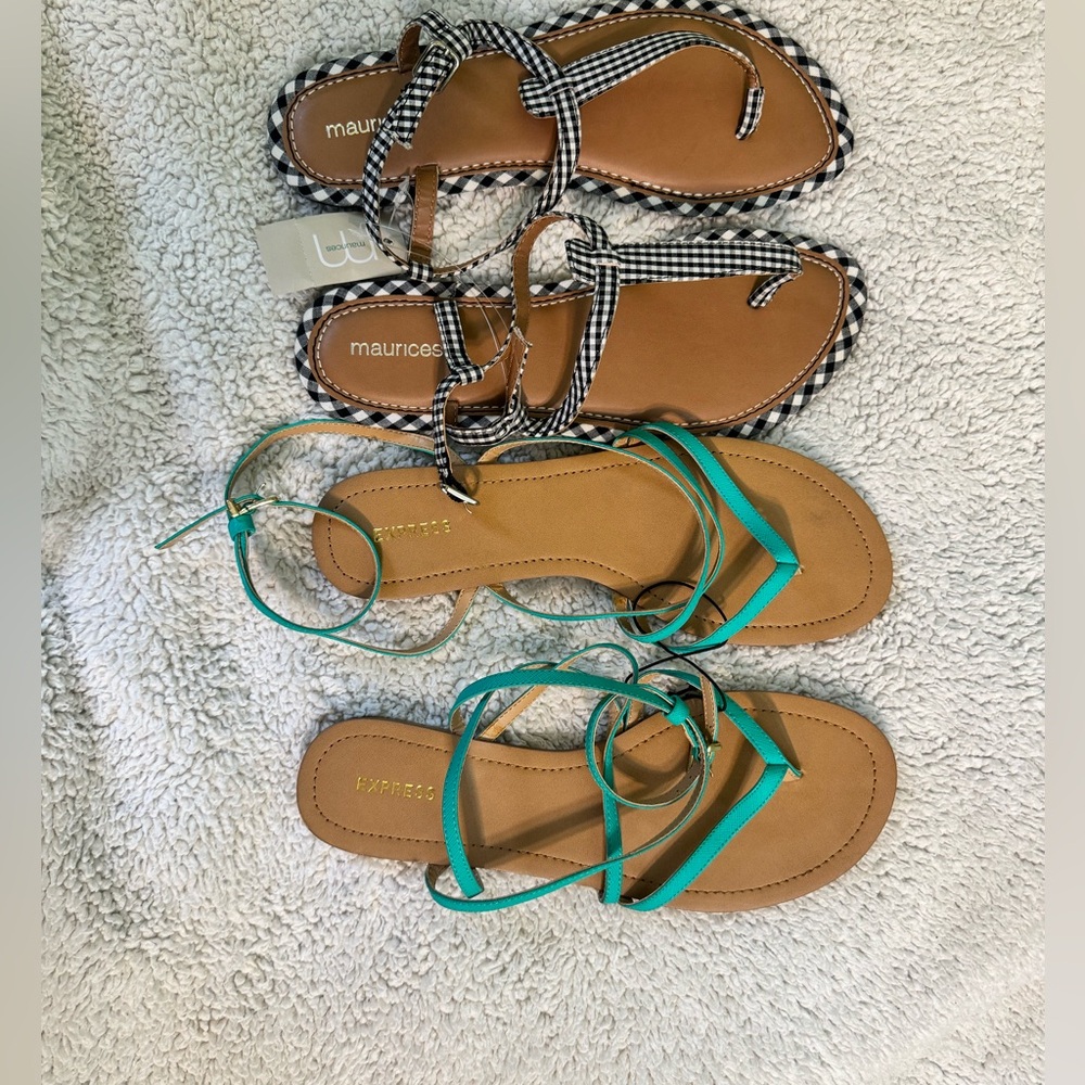 2 pair of sandals, both new , size 9 , one Express, one Maurice’s .